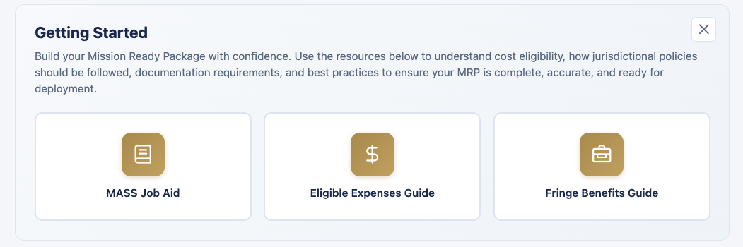 MASS 4 Getting Started screen with links to the MASS Job Aid, Eligible Expenses Guide, and Fringe Benefits Guide
